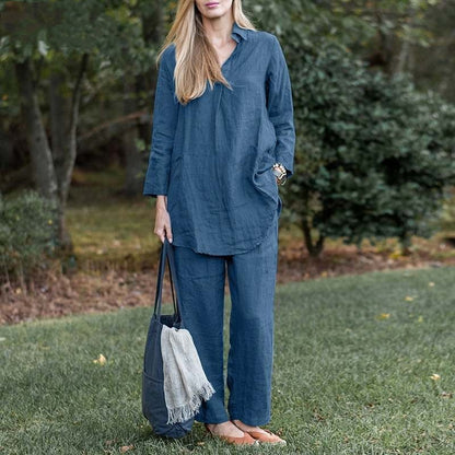 Women's Linen Blend Two Piece Set Relaxed Collared Shirt and Wide Leg Pants Casual Matching Outfit