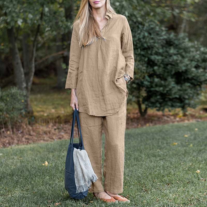 Women's Linen Blend Two Piece Set Relaxed Collared Shirt and Wide Leg Pants Casual Matching Outfit