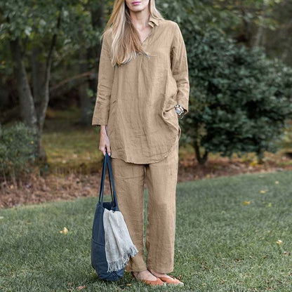 Women's Linen Blend Two Piece Set Relaxed Collared Shirt and Wide Leg Pants Casual Matching Outfit