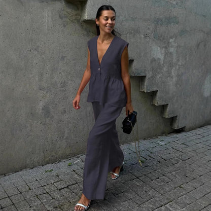 Women's Linen Blend Two Piece Set Sleeveless V Neck Peplum Top & Wide Leg Pants Elegant Casual Outfit