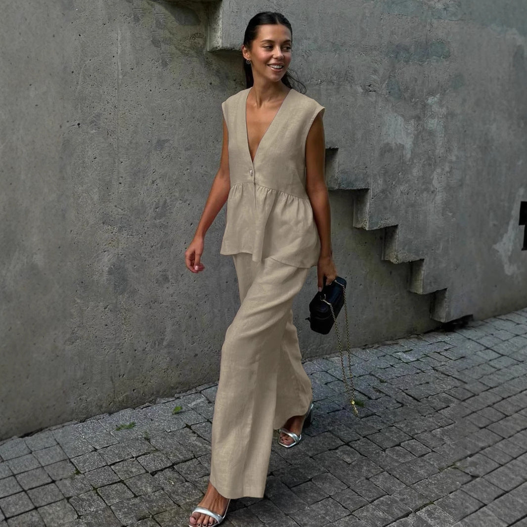 Women's Linen Blend Two Piece Set Sleeveless V Neck Peplum Top & Wide Leg Pants Elegant Casual Outfit - Seldom Seen Styles