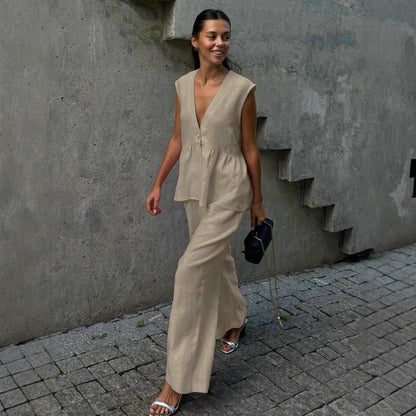 Women's Linen Blend Two Piece Set Sleeveless V Neck Peplum Top & Wide Leg Pants Elegant Casual Outfit