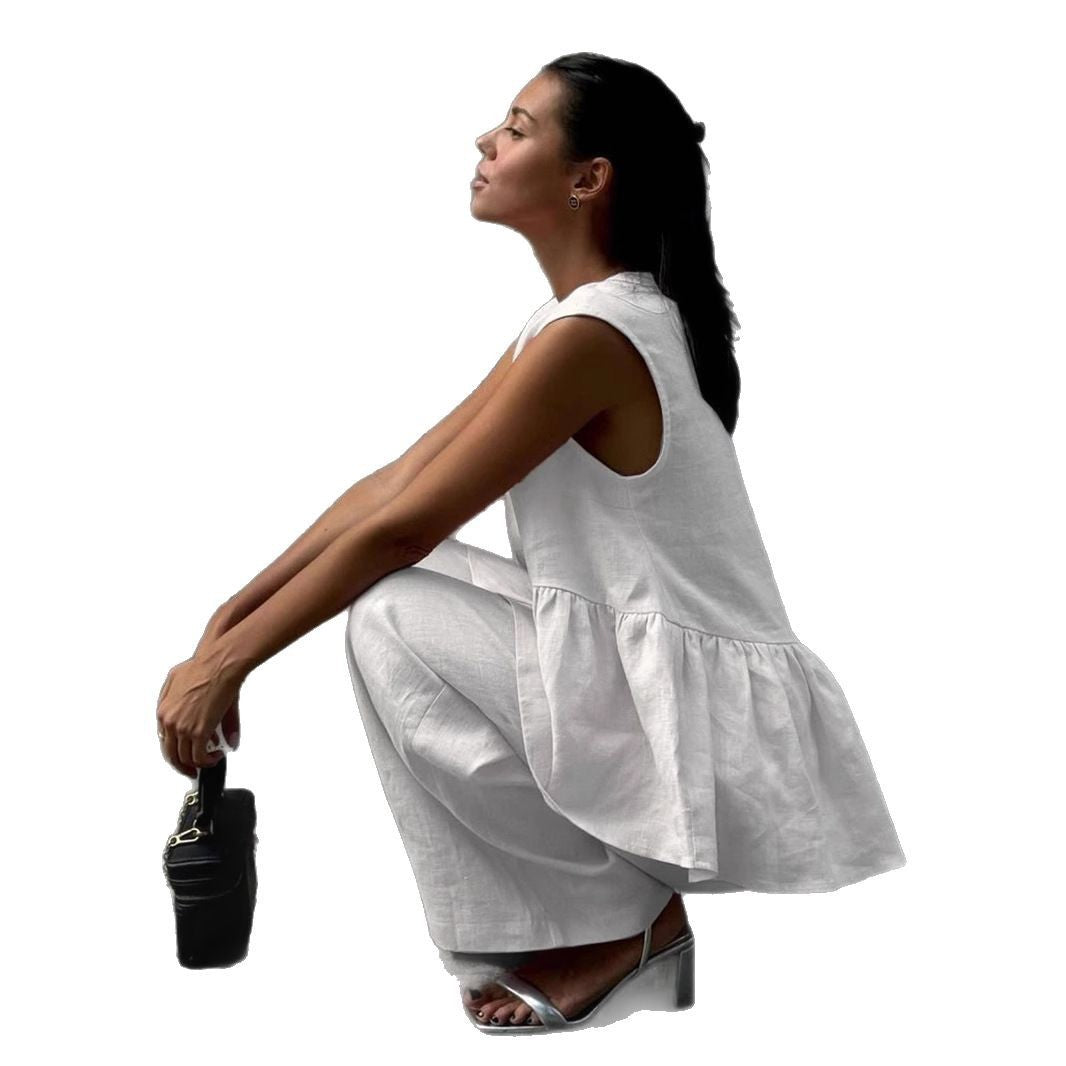 Women's Linen Blend Two Piece Set Sleeveless V Neck Peplum Top & Wide Leg Pants Elegant Casual Outfit - Seldom Seen Styles