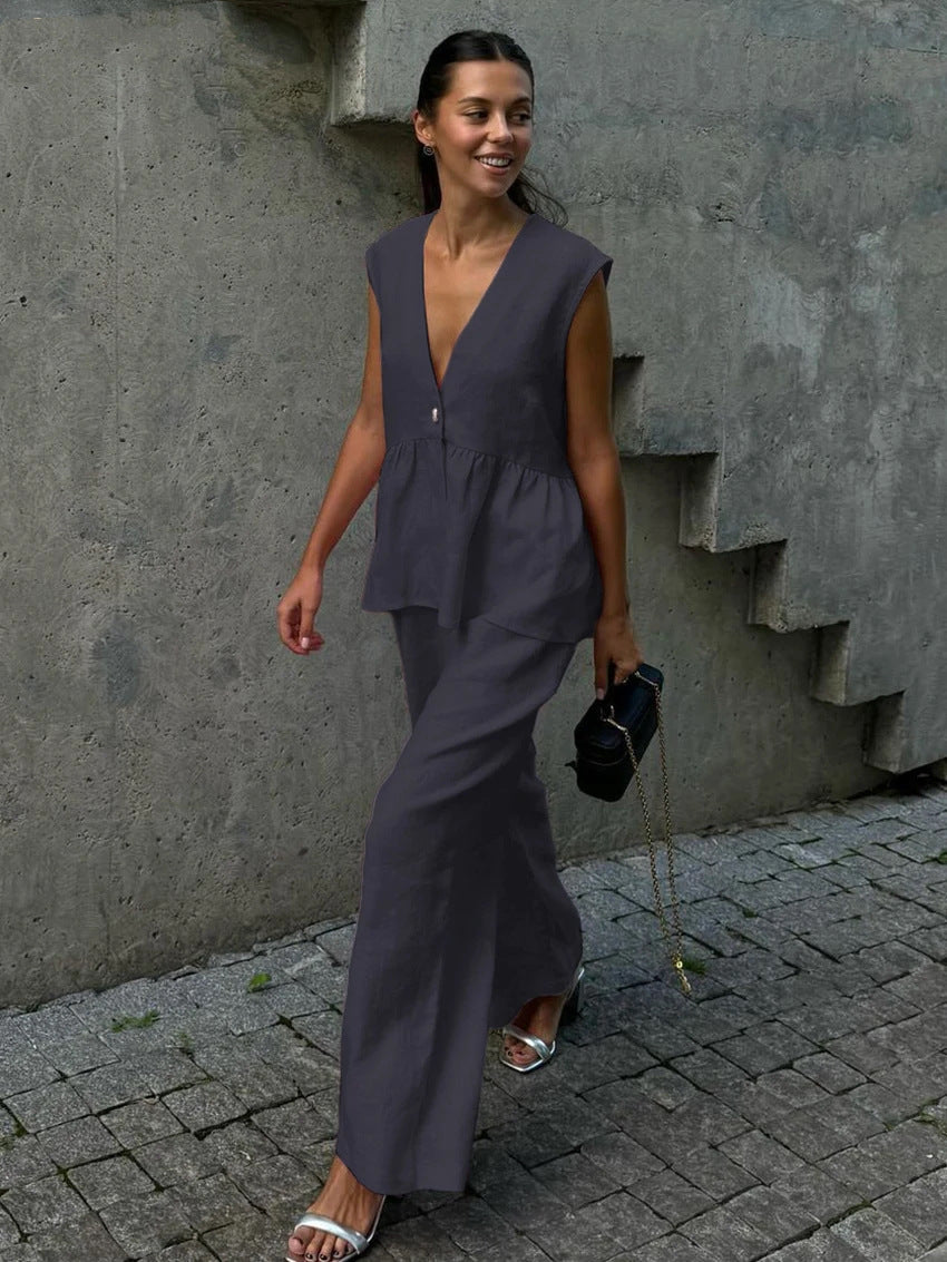 Women's Linen Blend Two Piece Set Sleeveless V Neck Peplum Top & Wide Leg Pants Elegant Casual Outfit - Seldom Seen Styles
