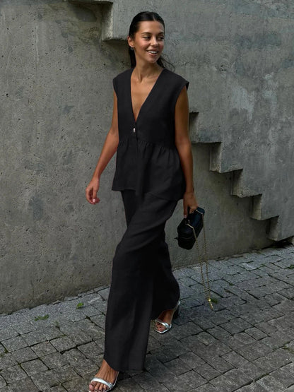 Women's Linen Blend Two Piece Set Sleeveless V Neck Peplum Top & Wide Leg Pants Elegant Casual Outfit