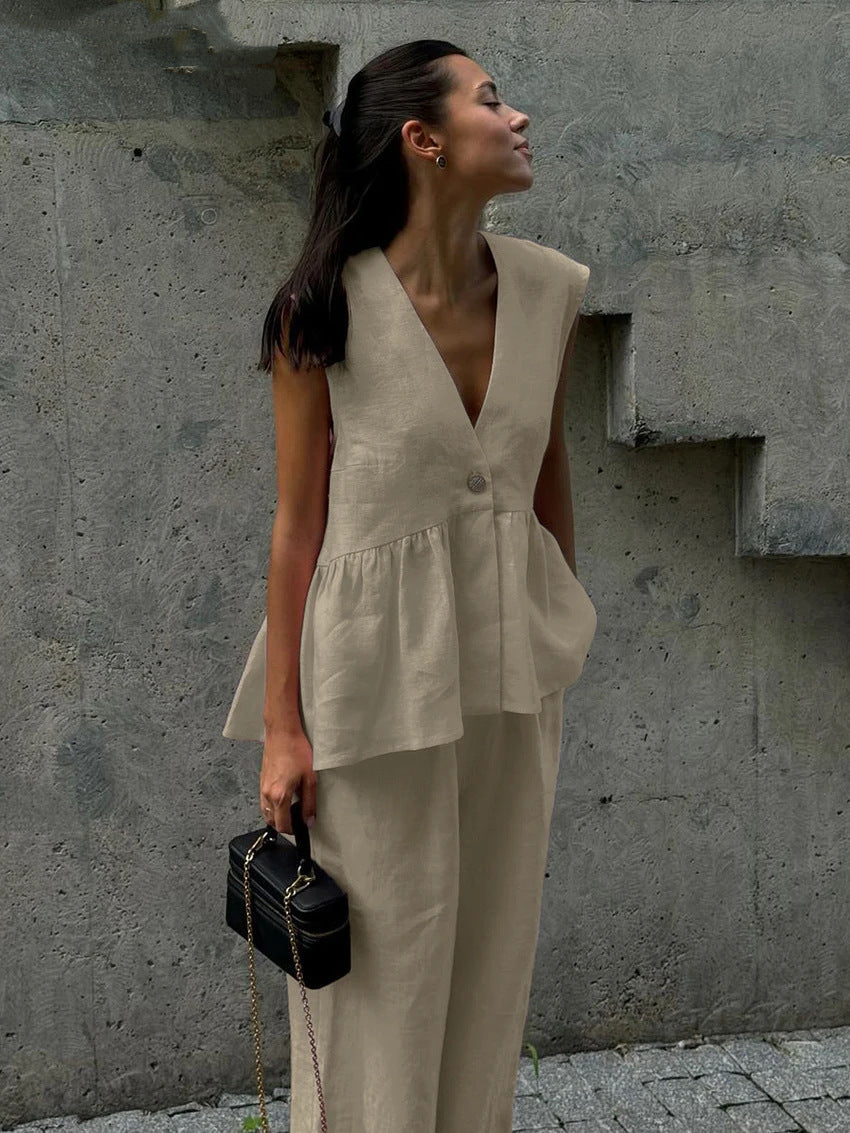 Women's Linen Blend Two Piece Set Sleeveless V Neck Peplum Top & Wide Leg Pants Elegant Casual Outfit - Seldom Seen Styles