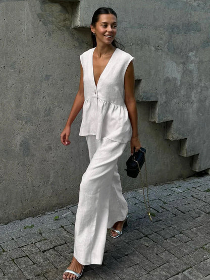 Women's Linen Blend Two Piece Set Sleeveless V Neck Peplum Top & Wide Leg Pants Elegant Casual Outfit