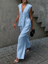 Women's Linen Blend Two Piece Set Sleeveless V Neck Peplum Top & Wide Leg Pants Elegant Casual Outfit - Seldom Seen Styles