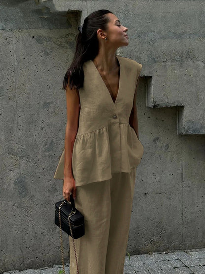 Women's Linen Blend Two Piece Set Sleeveless V Neck Peplum Top & Wide Leg Pants Elegant Casual Outfit