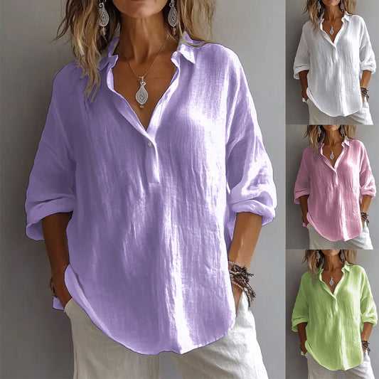 Women's Linen Blend V Neck Shirt Casual Loose Long Sleeve Blouse Lightweight Button Front Tunic Top - Seldom Seen Styles