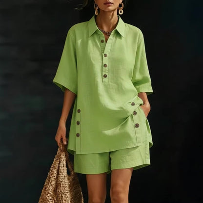 Women's Linen Button Shirt Shorts Two Piece Set Loose Casual Summer Vacation Outfit