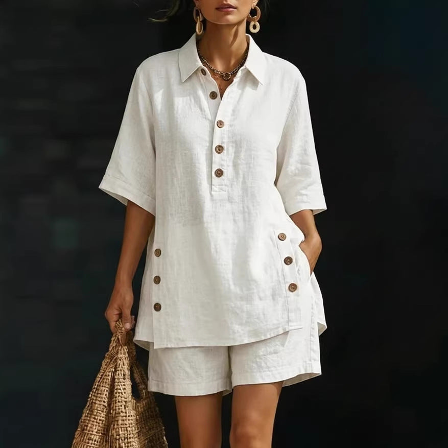Women's Linen Button Shirt Shorts Two Piece Set Loose Casual Summer Vacation Outfit - Seldom Seen Styles