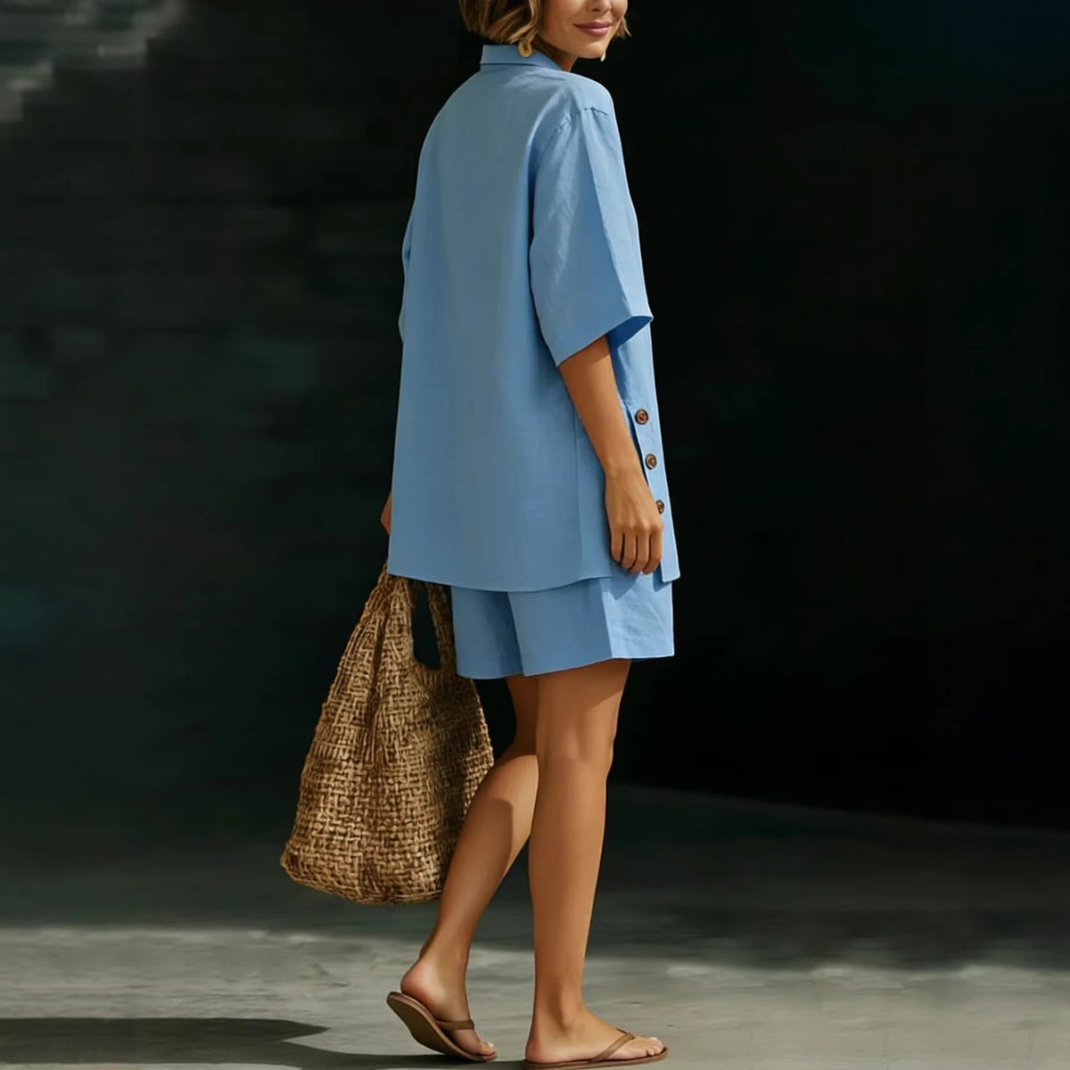 Women's Linen Button Shirt Shorts Two Piece Set Loose Casual Summer Vacation Outfit - Seldom Seen Styles