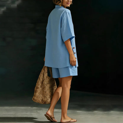 Women's Linen Button Shirt Shorts Two Piece Set Loose Casual Summer Vacation Outfit