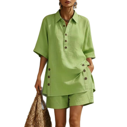 Women's Linen Button Shirt Shorts Two Piece Set Loose Casual Summer Vacation Outfit