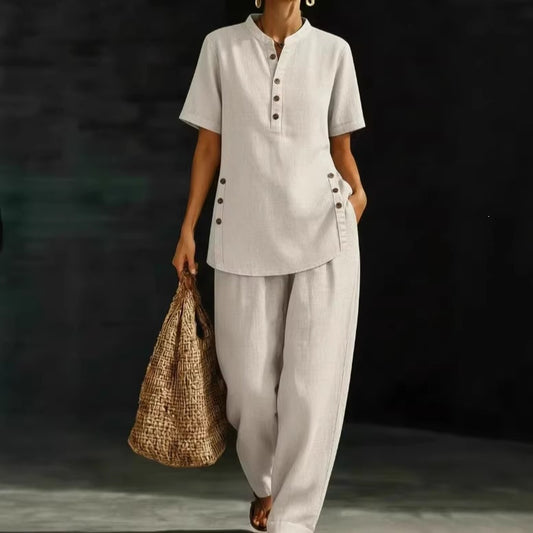 Women's Linen Button Up Shirt Wide Leg Pants Two Piece Set Summer Casual Vacation Outfit Plus Size - Seldom Seen Styles