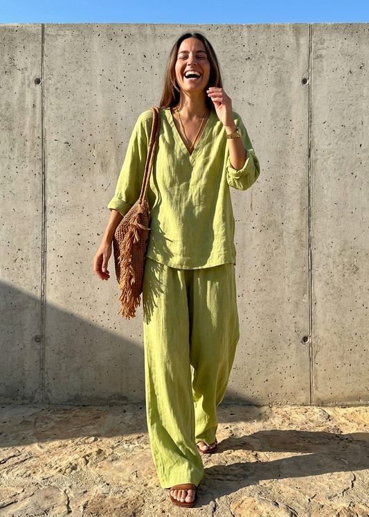 Women's Linen Cotton Two Piece Set with V-Neck Tunic and Wide Leg Pants - Seldom Seen Styles