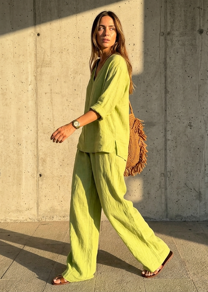 Women's Linen Cotton Two Piece Set with V-Neck Tunic and Wide Leg Pants - Seldom Seen Styles