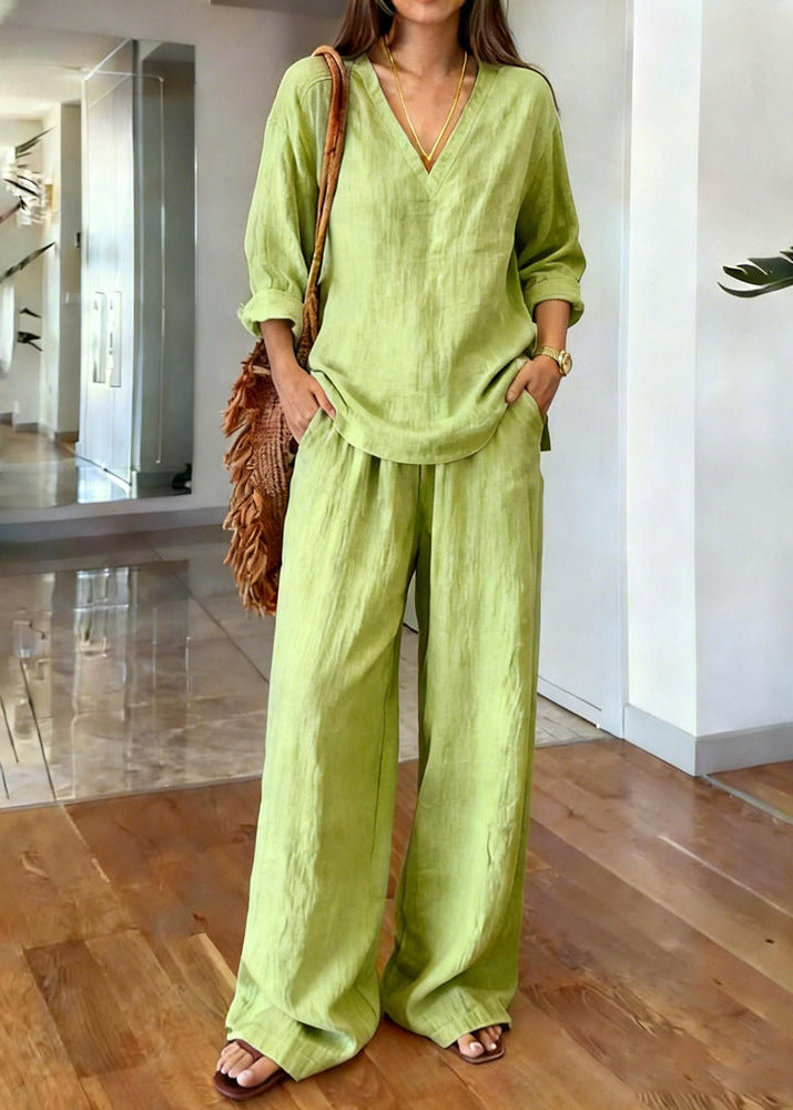 Women's Linen Cotton Two Piece Set with V-Neck Tunic and Wide Leg Pants - Seldom Seen Styles