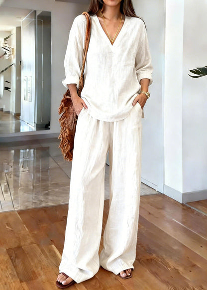 Women's Linen Cotton Two Piece Set with V-Neck Tunic and Wide Leg Pants