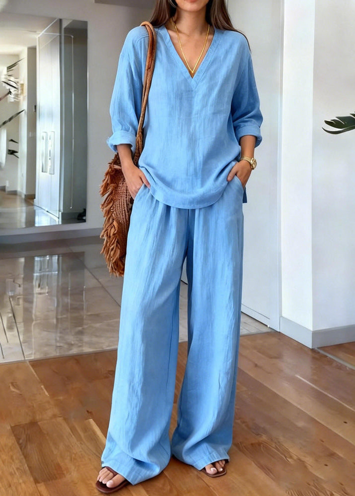 Women's Linen Cotton Two Piece Set with V-Neck Tunic and Wide Leg Pants - Seldom Seen Styles