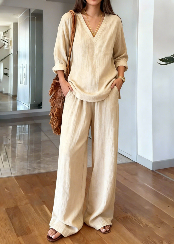 Women's Linen Cotton Two Piece Set with V-Neck Tunic and Wide Leg Pants - Seldom Seen Styles