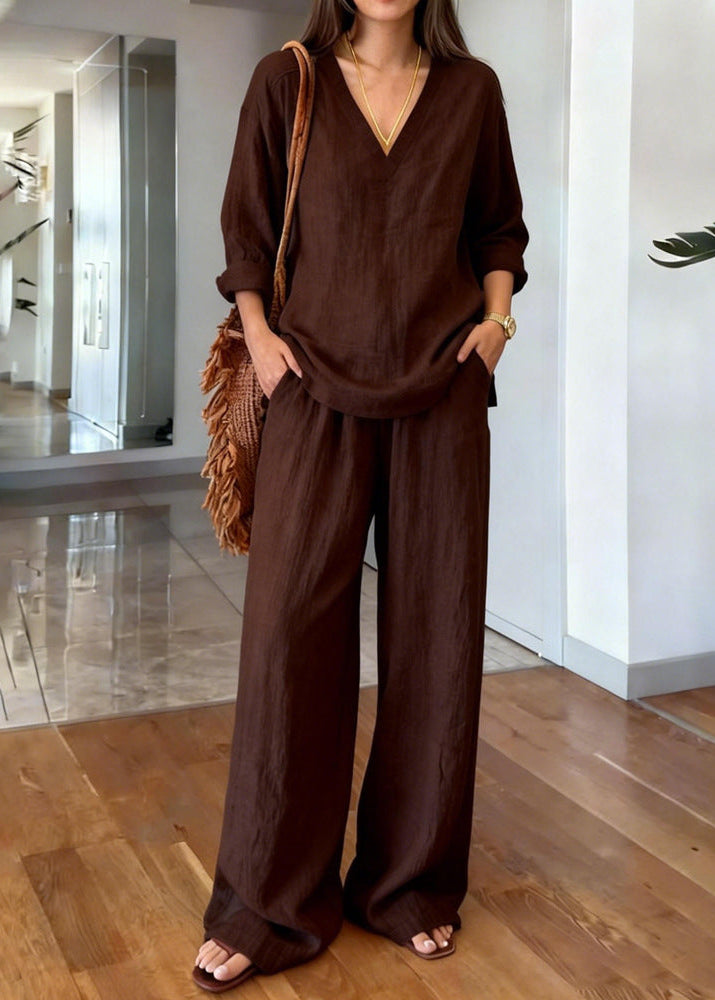 Women's Linen Cotton Two Piece Set with V-Neck Tunic and Wide Leg Pants - Seldom Seen Styles