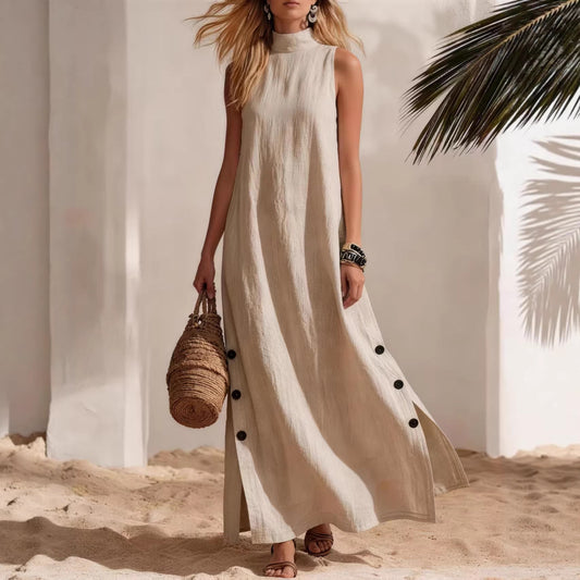 Women's Linen Maxi Dress Sleeveless Side Slit Beach Vacation Dress - Seldom Seen Styles