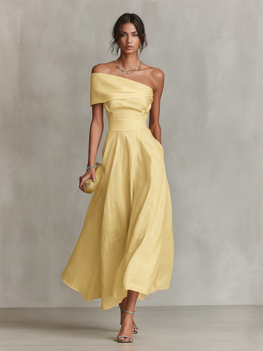 Women's Linen One-Shoulder Maxi Dress - Seldom Seen Styles