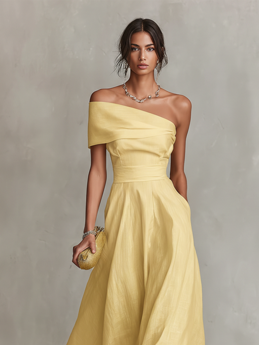 Women's Linen One-Shoulder Maxi Dress - Seldom Seen Styles
