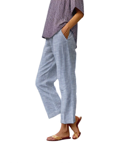 Pantalon en lin pour femme, rayures latérales, taille élastique, coupe droite, idéal pour les vacances d'été à la plage