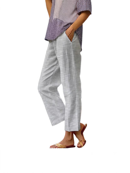 Pantalon en lin pour femme, rayures latérales, taille élastique, coupe droite, idéal pour les vacances d'été à la plage