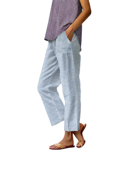 Pantalon en lin pour femme, rayures latérales, taille élastique, coupe droite, idéal pour les vacances d'été à la plage