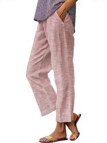 Women's Linen Pants, Side Stripe, Elastic Waist, Straight Leg, Summer Beach Vacation - Seldom Seen Styles