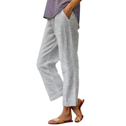 Pantalon en lin pour femme, rayures latérales, taille élastique, coupe droite, idéal pour les vacances d'été à la plage