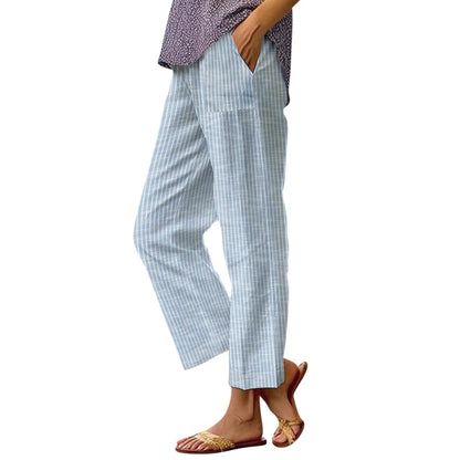Pantalon en lin pour femme, rayures latérales, taille élastique, coupe droite, idéal pour les vacances d'été à la plage