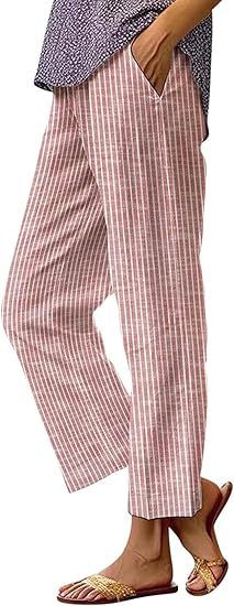 Pantalon en lin pour femme, rayures latérales, taille élastique, coupe droite, idéal pour les vacances d'été à la plage