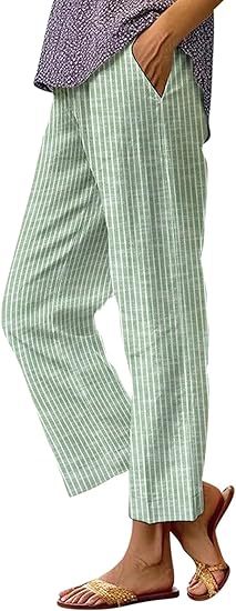 Pantalon en lin pour femme, rayures latérales, taille élastique, coupe droite, idéal pour les vacances d'été à la plage