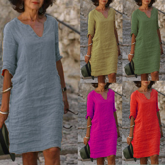 Women's Linen Shift Dress Casual V Neck Midi Dress Loose Fit 3/4 Sleeve Cotton Linen Summer Dress with Pockets - Seldom Seen Styles