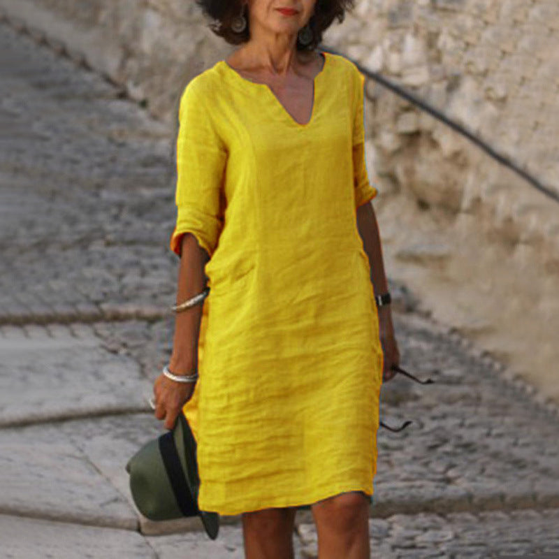 Women's Linen Shift Dress Casual V Neck Midi Dress Loose Fit 3/4 Sleeve Cotton Linen Summer Dress with Pockets - Seldom Seen Styles