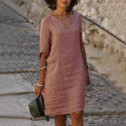 Women's Linen Shift Dress Casual V Neck Midi Dress Loose Fit 3/4 Sleeve Cotton Linen Summer Dress with Pockets
