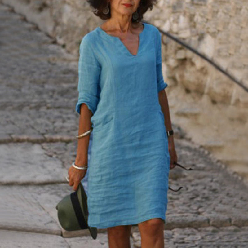 Women's Linen Shift Dress Casual V Neck Midi Dress Loose Fit 3/4 Sleeve Cotton Linen Summer Dress with Pockets - Seldom Seen Styles