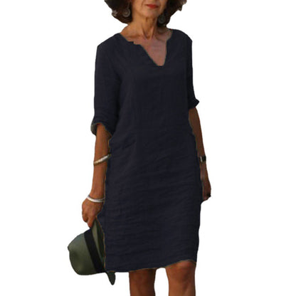 Women's Linen Shift Dress Casual V Neck Midi Dress Loose Fit 3/4 Sleeve Cotton Linen Summer Dress with Pockets