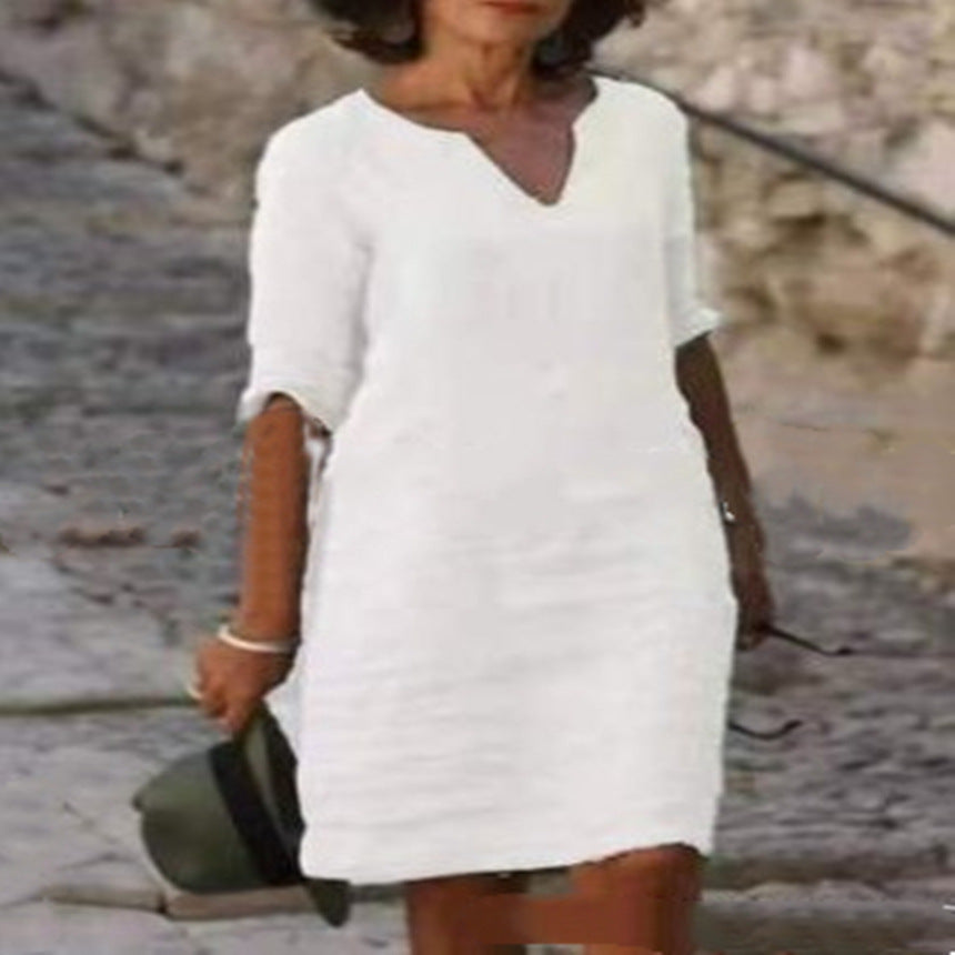 Women's Linen Shift Dress Casual V Neck Midi Dress Loose Fit 3/4 Sleeve Cotton Linen Summer Dress with Pockets - Seldom Seen Styles