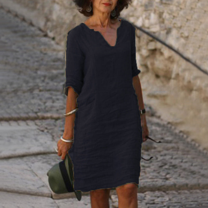 Women's Linen Shift Dress Casual V Neck Midi Dress Loose Fit 3/4 Sleeve Cotton Linen Summer Dress with Pockets - Seldom Seen Styles