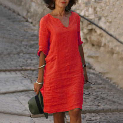 Women's Linen Shift Dress Casual V Neck Midi Dress Loose Fit 3/4 Sleeve Cotton Linen Summer Dress with Pockets