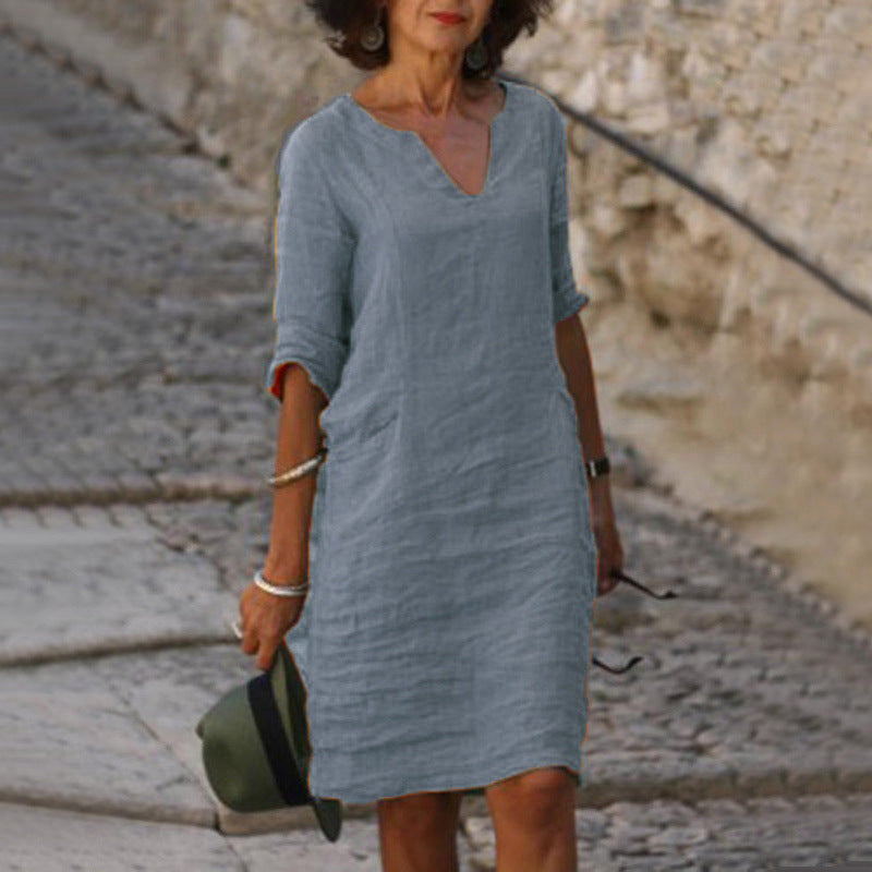 Women's Linen Shift Dress Casual V Neck Midi Dress Loose Fit 3/4 Sleeve Cotton Linen Summer Dress with Pockets - Seldom Seen Styles