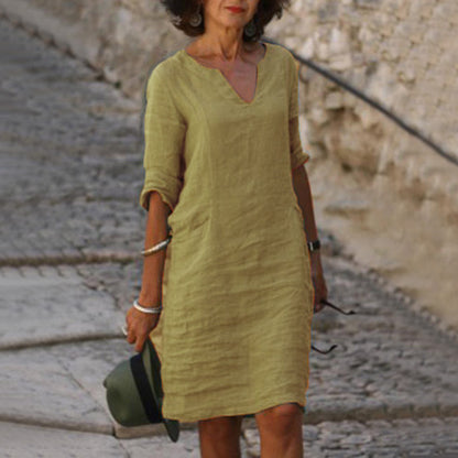 Women's Linen Shift Dress Casual V Neck Midi Dress Loose Fit 3/4 Sleeve Cotton Linen Summer Dress with Pockets