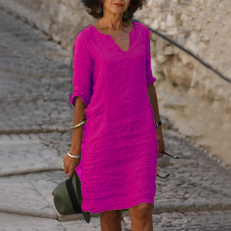 Women's Linen Shift Dress Casual V Neck Midi Dress Loose Fit 3/4 Sleeve Cotton Linen Summer Dress with Pockets - Seldom Seen Styles