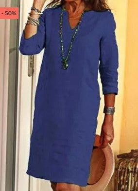Women's Linen Shift Dress Casual V Neck Midi Dress Loose Fit 3/4 Sleeve Cotton Linen Summer Dress with Pockets
